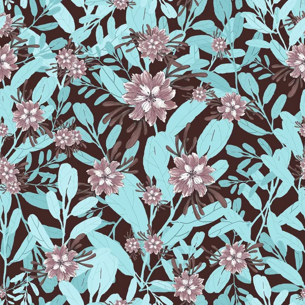 Уверколор Illustration Seamless Pattern Abstract Gray Flowers Blue Grass Oblong — стокове фото