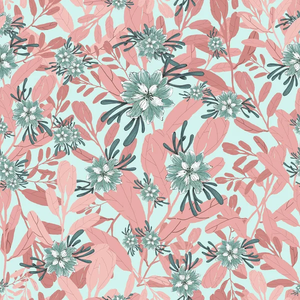 Watercolor Illustration Seamless Pattern Abstract Gray Kwiaty Pink Grass Oblong — Zdjęcie stockowe
