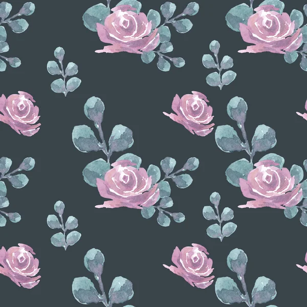 Patercolor Illustration Seamless Pattern Watercolor Powder Roses Blue Grass Oval — Zdjęcie stockowe