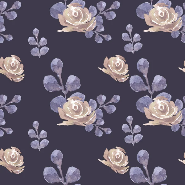 Watercolor Illustration Seamless Pattern Watercolor Powder Roses Och Blue Grass — Stockfoto