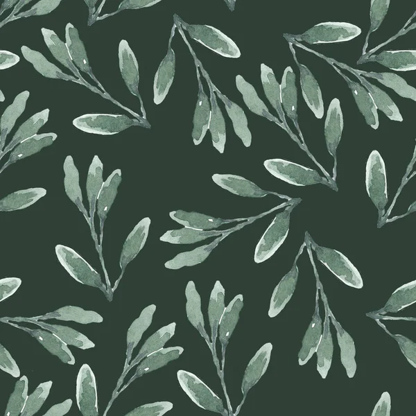 Уверколор Illustration Seamless Pattern Branches Elongated Oblong Leaves Dark Background — стокове фото