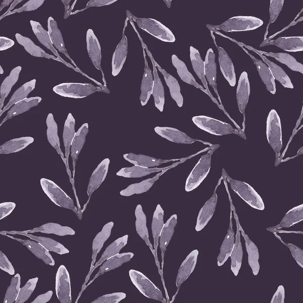 Water Ercolor Illustration Seamless Pattern Branches Elongated Oblong Leaves Dark — 图库照片