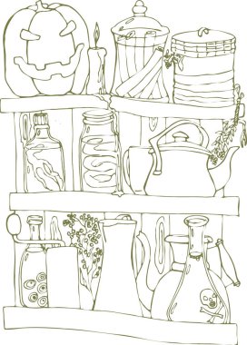 VECTOR KITCHEN SHELVES, CINNAMON JAR, KETTLE, JUG, KOFİNE GRINDER, TINCTURE VE DEKTİM ŞİYATLARI, HALLOWEN KUMLARI VE CANDLE