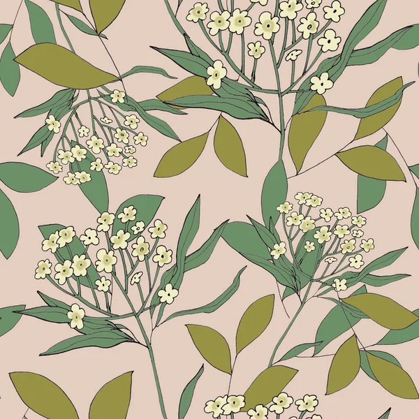 Watercolor Illustration Seamless Pattern Field Grass Small Flowers Leaves Wallpaper —  Fotos de Stock