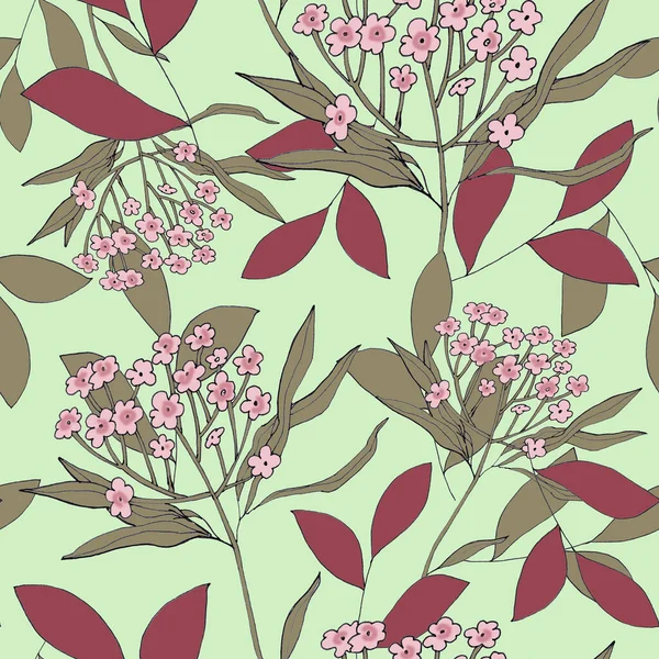 Watercolor Illustration Seamless Pattern Field Grass Small Flowers Leaves Wallpaper — Foto de Stock