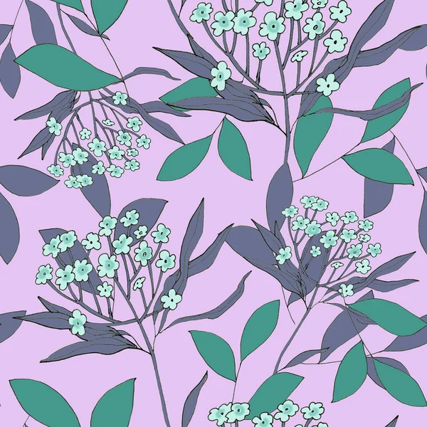 Watercolor Illustration Seamless Pattern Field Grass Small Flowers Leaves Wallpaper — Φωτογραφία Αρχείου