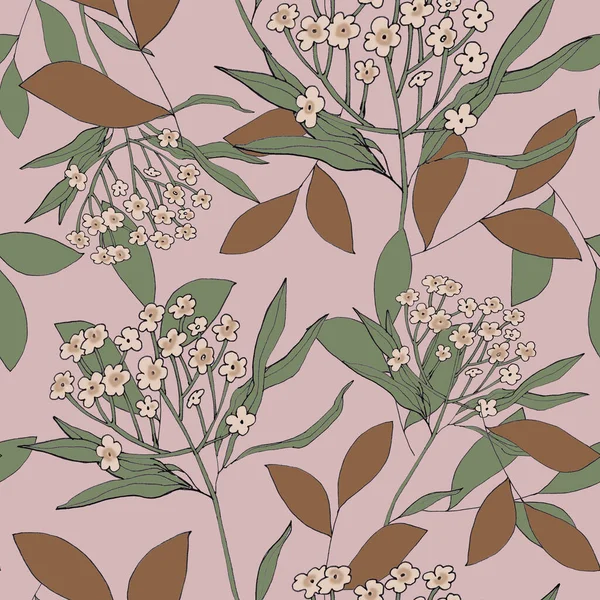 Watercolor Illustration Seamless Pattern Field Grass Small Flowers Leaves Wallpaper — Φωτογραφία Αρχείου