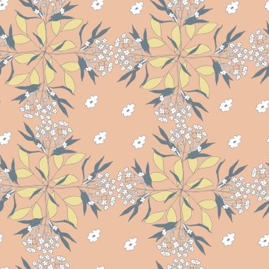 vektör illüstrasyonsuz desenli çimenler, mavi yapraklar ve beyaz çiçekler, pembe arka planda soluk sarı yapraklar, duvar kağıdı, kumaş için
