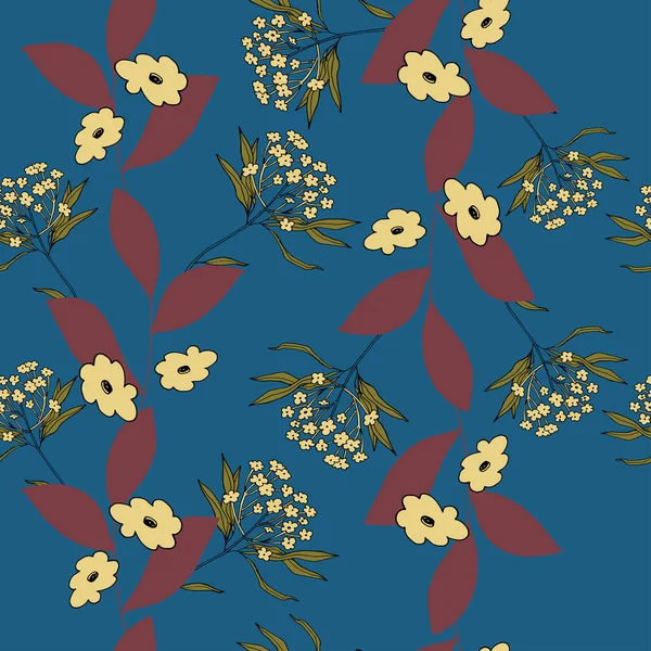 Vektor Illustration Nahtlose Muster Blassgelbe Blüten Weinrote Blätter Gras Mit — Stockvektor