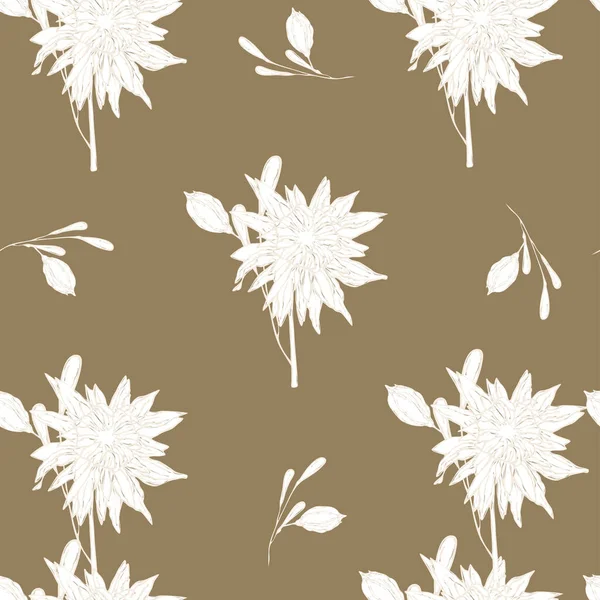 Εικονογράφηση Διάνυσμα Αδιάλειπτη Μοτίβο Λευκό Περίγραμμα Λουλουδιών Γκρι Καφέ Φόντο — Διανυσματικό Αρχείο