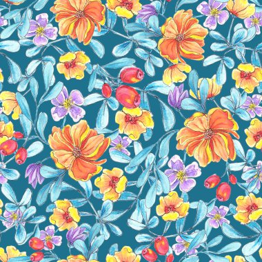 suluboya çizimler kusursuz desenli parlak yaz çiçekleri