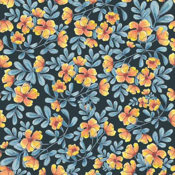 Ilustración Acuarela Patrón Sin Costuras Pequeñas Flores Amarillas Hojas Azules — Foto de Stock