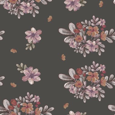 watercolor illustration seamless pattern ,bouquet of red flowers with leaves and rose hips on a dark green background,for wallpaper or fabric