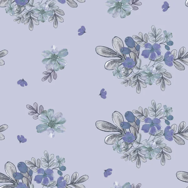 Watercolor Illustration Seamless Pattern Bouquet Blue Flowers Leaves Rose Hips — Photo