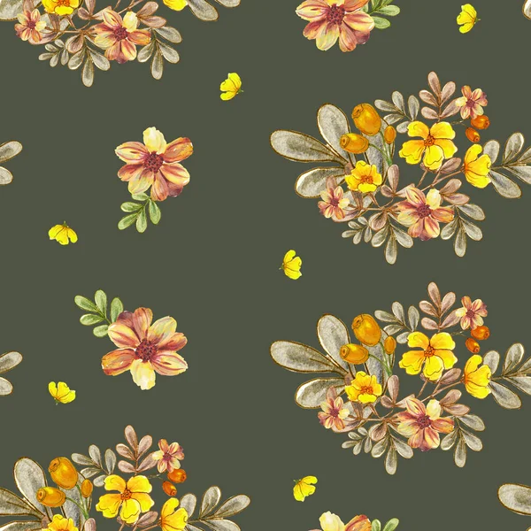 Watercolor Illustration Seamless Pattern Bouquet Yellow Red Flowers Leaves Rose — Foto de Stock