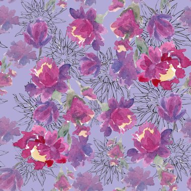 watercolor illustration seamless pattern bright peonies on a blue background,contour of flowers,for wallpaper or fabric and furniture