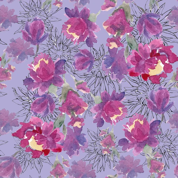 Watercolor Illustration Seamless Pattern Bright Peonies Blue Background Contour Flowers — Stockfoto