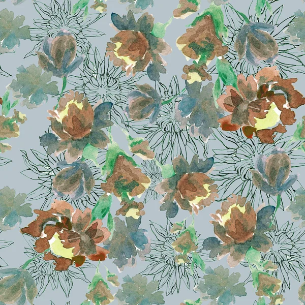 Watercolor Illustration Seamless Pattern Bright Peonies Blue Background Contour Flowers — Φωτογραφία Αρχείου