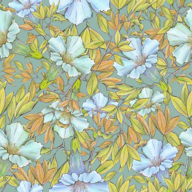 watercolor illustration seamless pattern blue flower among green leaves on gray background for wallpaper,fabric or furniture
