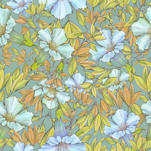 Ilustracja Akwarela Bezszwowy Wzór Niebieski Kwiat Wśród Zielonych Liści Szarym — Zdjęcie stockowe