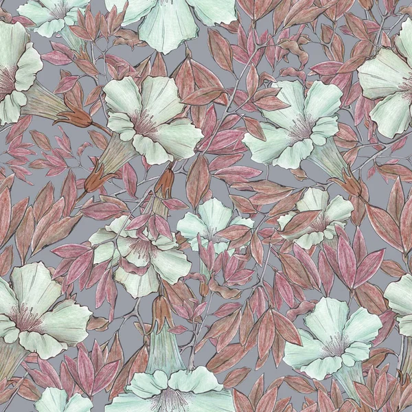 Watercolor Illustration Seamless Pattern Blue Flower Red Leaves Gray Background — Fotografia de Stock