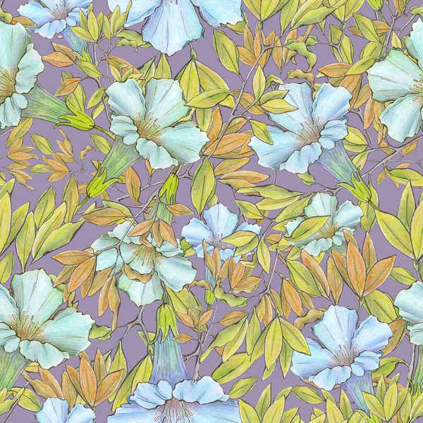 Ilustracja Akwarela Bezszwowy Wzór Niebieski Kwiat Wśród Zielonych Liści Szarym — Zdjęcie stockowe