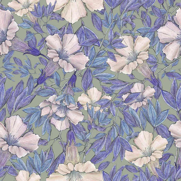 Watercolor Illustration Seamless Pattern Pink Flower Blue Leaves Gray Background — Foto de Stock