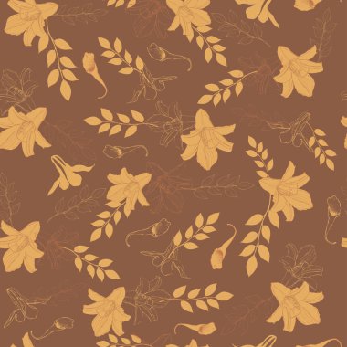 vektör illüstrasyonsuz desen, çiçek deseni, kahverengi arkaplandaki sarı çiçeklerin hatları, sarı çiçekler ve yapraklı dallar, duvar kağıdı, kumaş ve mobilya