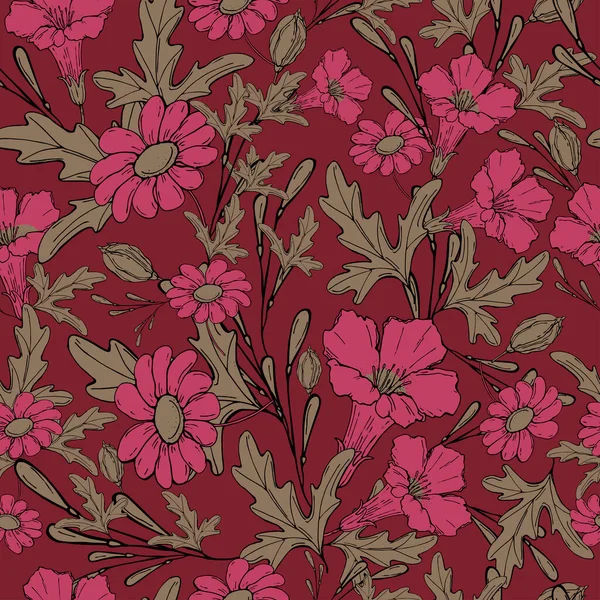 Vector Illustratie Naadloos Patroon Bloemenprint Met Roze Bloemen Grijze Bladeren — Stockvector