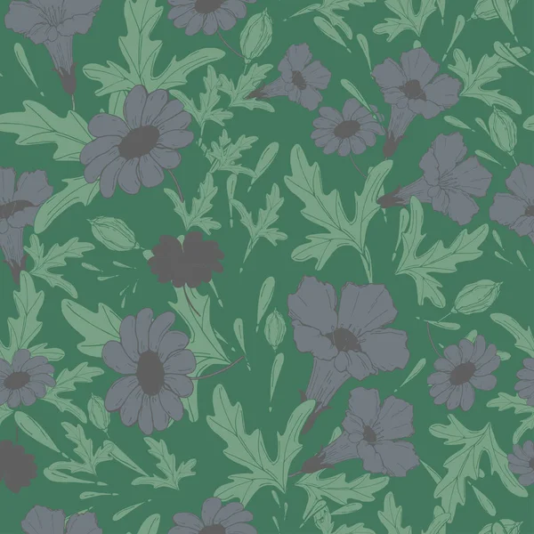 Διανυσματική Απεικόνιση Απρόσκοπτη Μοτίβο Βοτανική Εκτύπωση Γκρι Λουλούδια Πράσινα Φύλλα — Διανυσματικό Αρχείο
