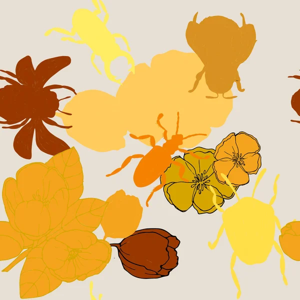 线形图案甲虫 蜜蜂和苹果花 浅灰色背景 深浅金色阴影 家具或织物用 — 图库矢量图片
