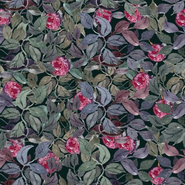 suluboya resimleme kusursuz desenli yeşil yapraklar, soyut kırmızı meyveler, duvar kağıdı, kumaş ve mobilya için