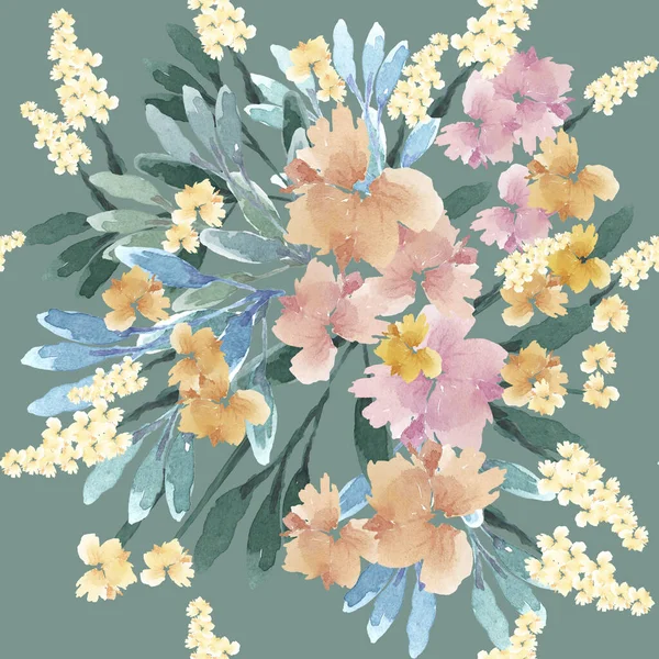 水彩画イラスト緑の背景に葉を持つ柔らかい花のシームレスなパターンの夏の花束 壁紙のための ファブリックや家具 — ストック写真