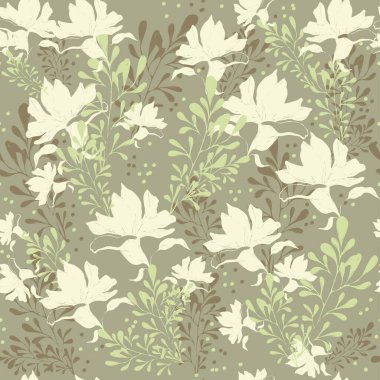 Yeşil arkaplanda, duvar kâğıdı, kumaş veya mobilya için, vektör illüstrasyonsuz açık yeşil çiçekler