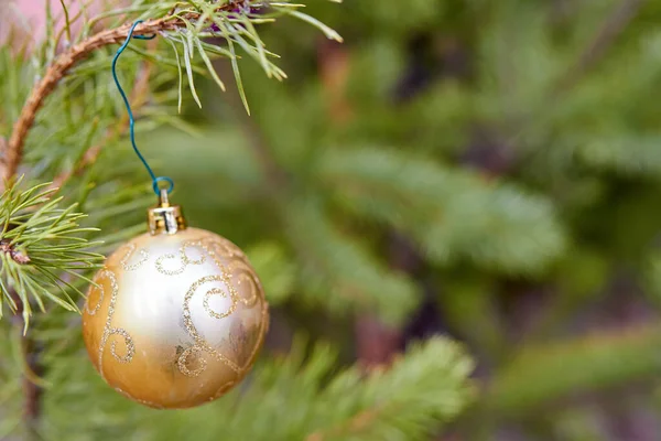 圣诞树玩具金球挂在冷杉上.特写镜头，有选择地聚焦 — 图库照片