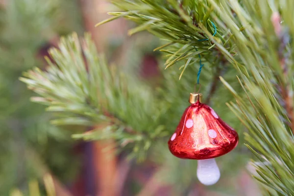 Fungo giocattolo di albero di Natale con un berretto rosso appeso sull'abete. Focus ravvicinato e selettivo — Foto Stock