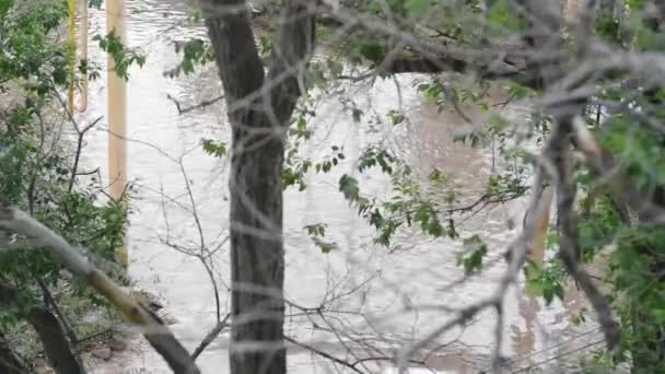 Astrakhan, Ryssland - 05.31.2021: En bil simmar över en gigantisk pöl som bildas på en stadsgata efter en lång regnstorm — Stockvideo