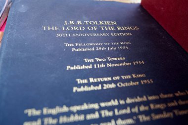 Astrakhan, Russia - 06.24.2020: Rear cover of the 50th anniversary edition of The Lord of the Rings book with gold lettering
