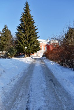 Buzlu bir yol, köknar ağaçları ve Rowan çalılarıyla çevrili güzel kırmızı bir binaya tırmanıyor.