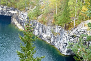 Ruskeala Dağ Parkı 'ndaki eski bir mermer ocağı yeraltı suyuyla dolu ve sonbahar ormanıyla çevrili.