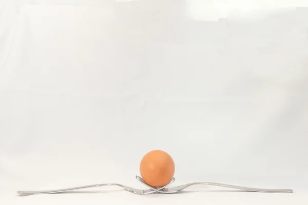 Streszczenie martwa, dwa widelce i jajko na białym — Zdjęcie stockowe