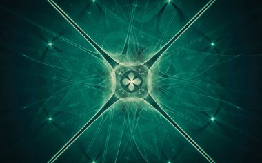 Siyah arka planda farklı renklerde çeşitli geometrik şekillerden oluşan taç yaprakları olan soyut, fantastik bir çiçek..