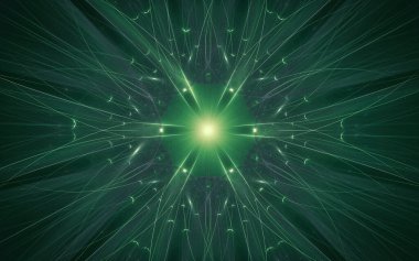 Siyah arka planda farklı renklerde çeşitli geometrik şekillerden oluşan taç yaprakları olan soyut, fantastik bir çiçek..