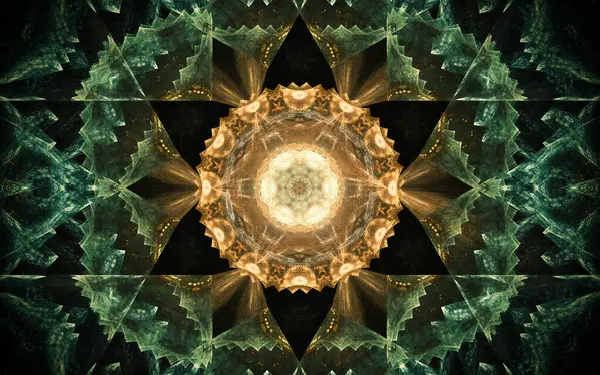 Abstrato fantástico flor simétrica com pétalas consistindo de uma variedade de formas geométricas de cores diferentes em um fundo preto — Fotografia de Stock