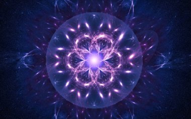 Siyah arka planda farklı renklerde çeşitli geometrik şekillerden oluşan taç yaprakları olan soyut, fantastik bir çiçek..