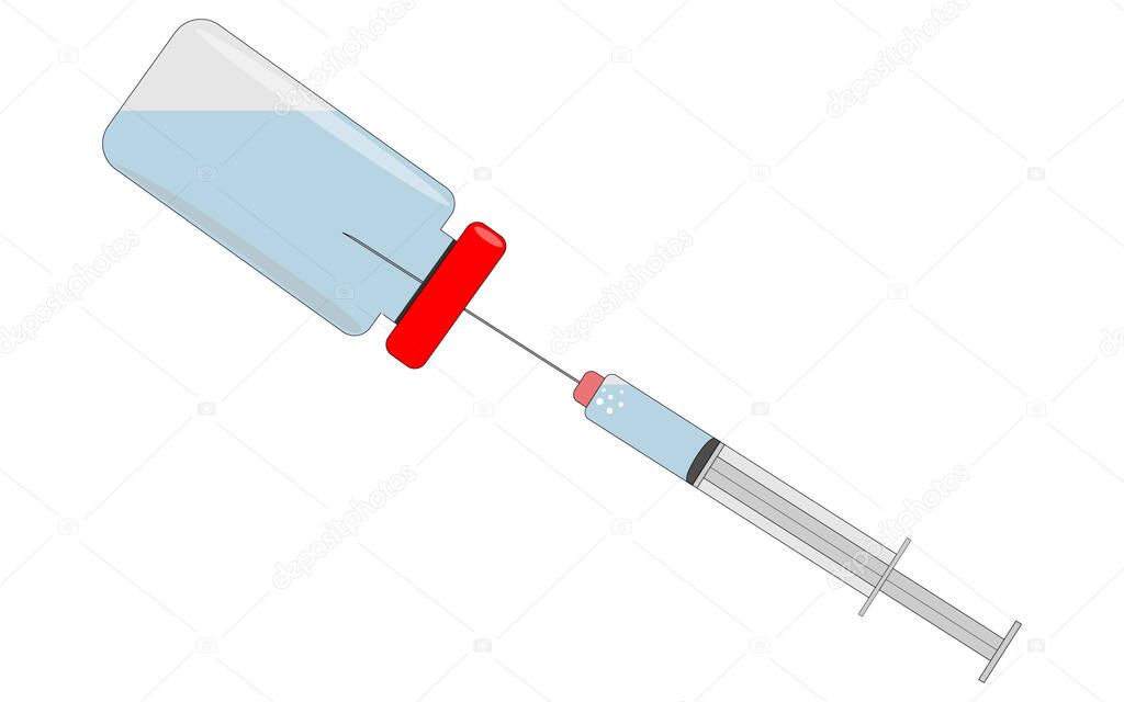 vector illustration drawing of a syringe that sucks a medicine of a blue tint with a sharp thin needle from a glass bottle with a red cap and glare on a white background for use in medical symbols.