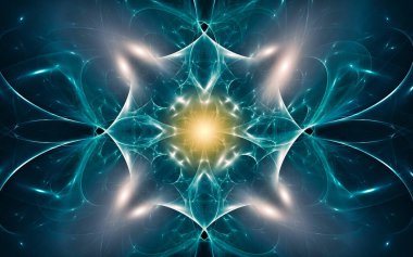 Siyah arka planda farklı renklerde çeşitli geometrik şekillerden oluşan taç yaprakları olan soyut, fantastik bir çiçek..