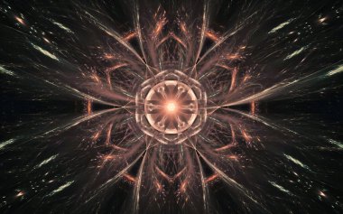 Siyah arka planda farklı renklerde çeşitli geometrik şekillerden oluşan taç yaprakları olan soyut, fantastik bir çiçek..