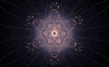 Siyah arka planda farklı renklerde çeşitli geometrik şekillerden oluşan taç yaprakları olan soyut, fantastik bir çiçek..