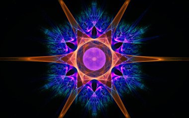 Masaüstü ve web tasarımı için soyut illüstrasyon arkaplan resmi fantastik altı köşeli turuncu yıldız ve yeşil ve leylak etrafında donuk desenler.